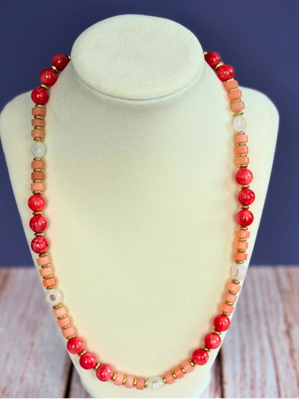 Handcrafted Red and Peach Beaded Necklace with Gold Accents